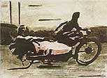 Mann auf Motorrad mit Seitenwagen